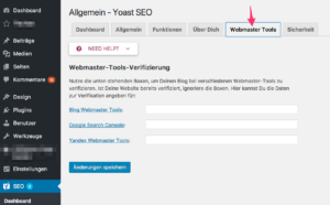 Klicken Sie nacheinander die Links für Alexa, Bing, Google und Yandex an. Registrieren Sie sich bei allen vier Suchmaschinendiensten. Die Registrierung ist kostenfrei. Richten Sie Ihre Nutzerkonten ein und tragen Sie dann die jeweiligen IDs in die hier abgebildeten Felder ein.