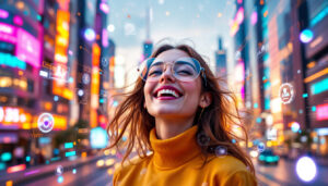 Homme dans un paysage urbain futuriste en 2035, entouré d'interfaces de données transparentes flottantes et de structures holographiques subtilement intégrées, symbole de la mise en réseau numérique invisible et de l'influence de l'intelligence artificielle sur la vie moderne.