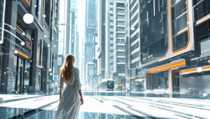 Mensch in futuristischer Stadtlandschaft im Jahr 2035, umgeben von schwebenden transparenten Dateninterfaces und subtil integrierten holographischen Strukturen, Symbol für die unsichtbare digitale Vernetzung und den Einfluss künstlicher Intelligenz auf das moderne Leben.